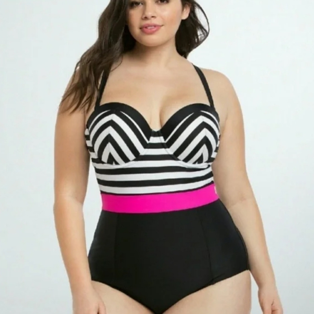 Torrid Size 4 Pin-Up One Piece Swimsuit | Vintage Barbie Style- Pink Black White